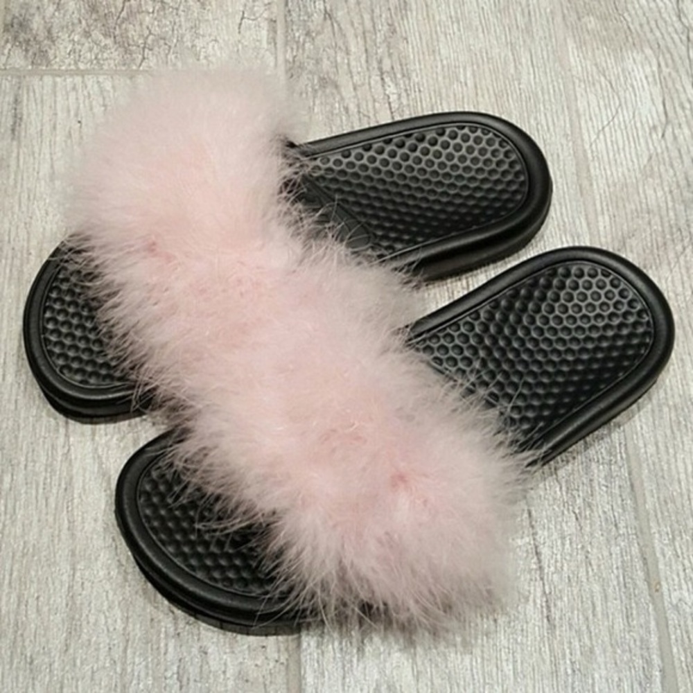 Baby Pink Fur Nike Slides